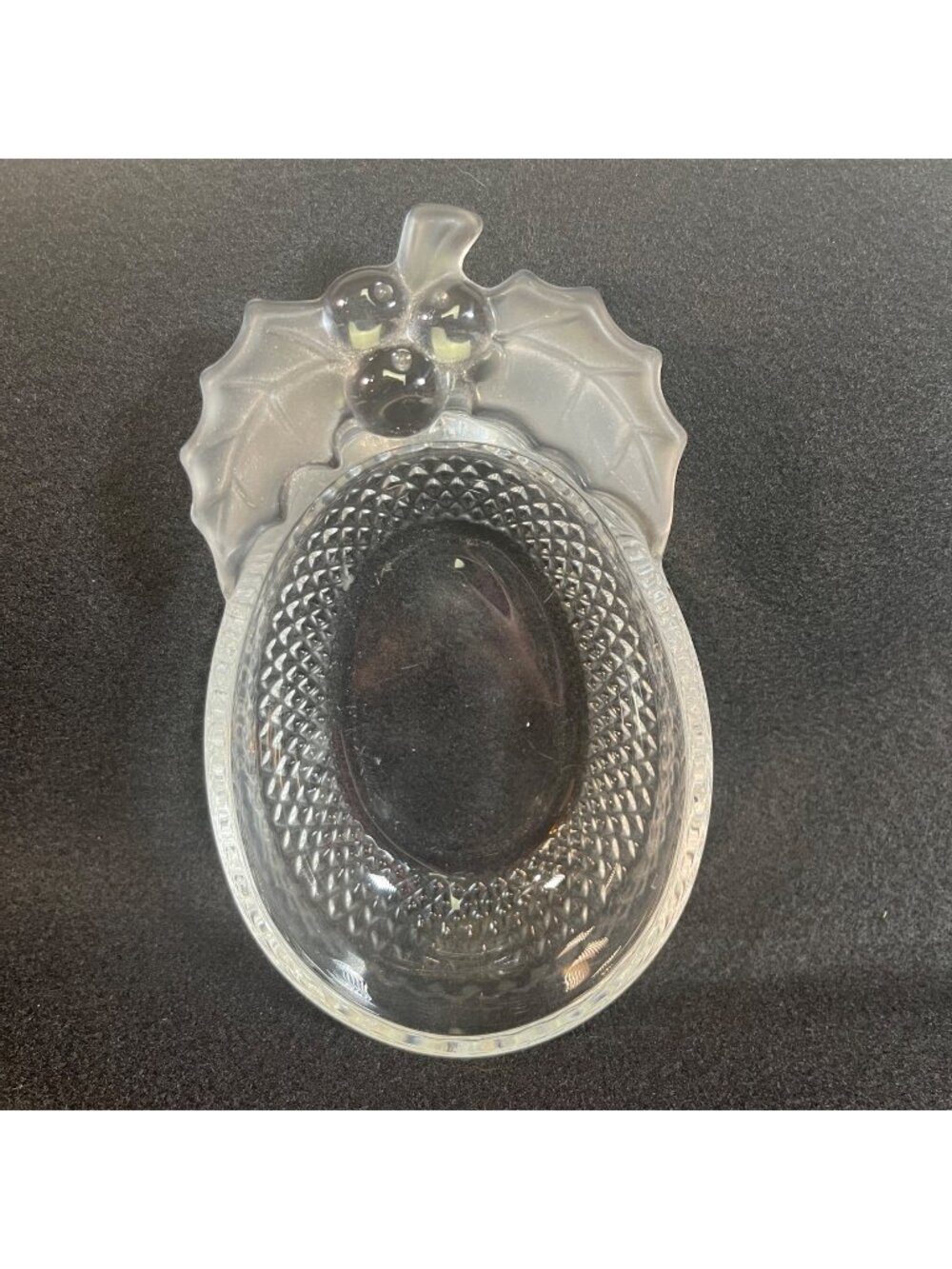Mikasa Clear Oval Glass Candy Dish with Holly Berries & Frosted Leaves 4 x 6 1/2
